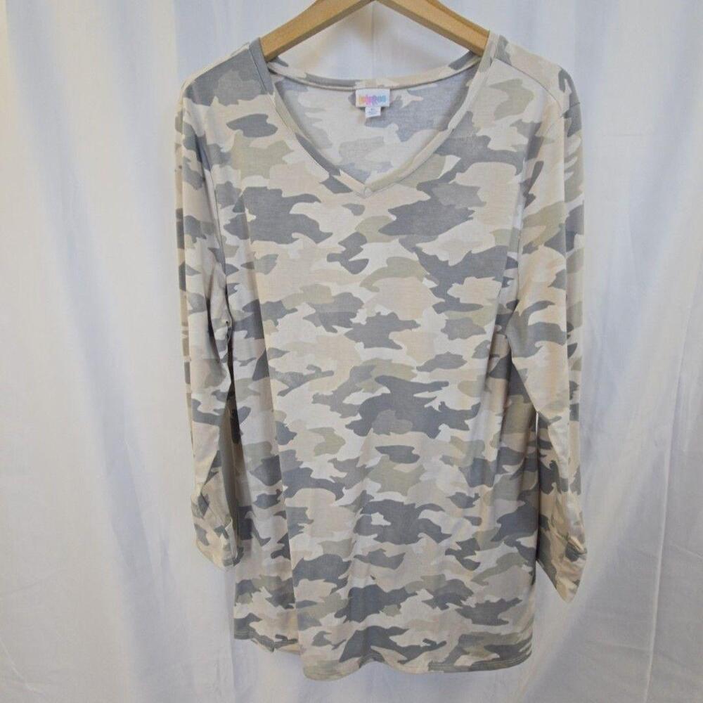 LuLaRoe Shirt Womens XL Gray Camo V Neck Long Sleeve Tunic Top Soft Stretch